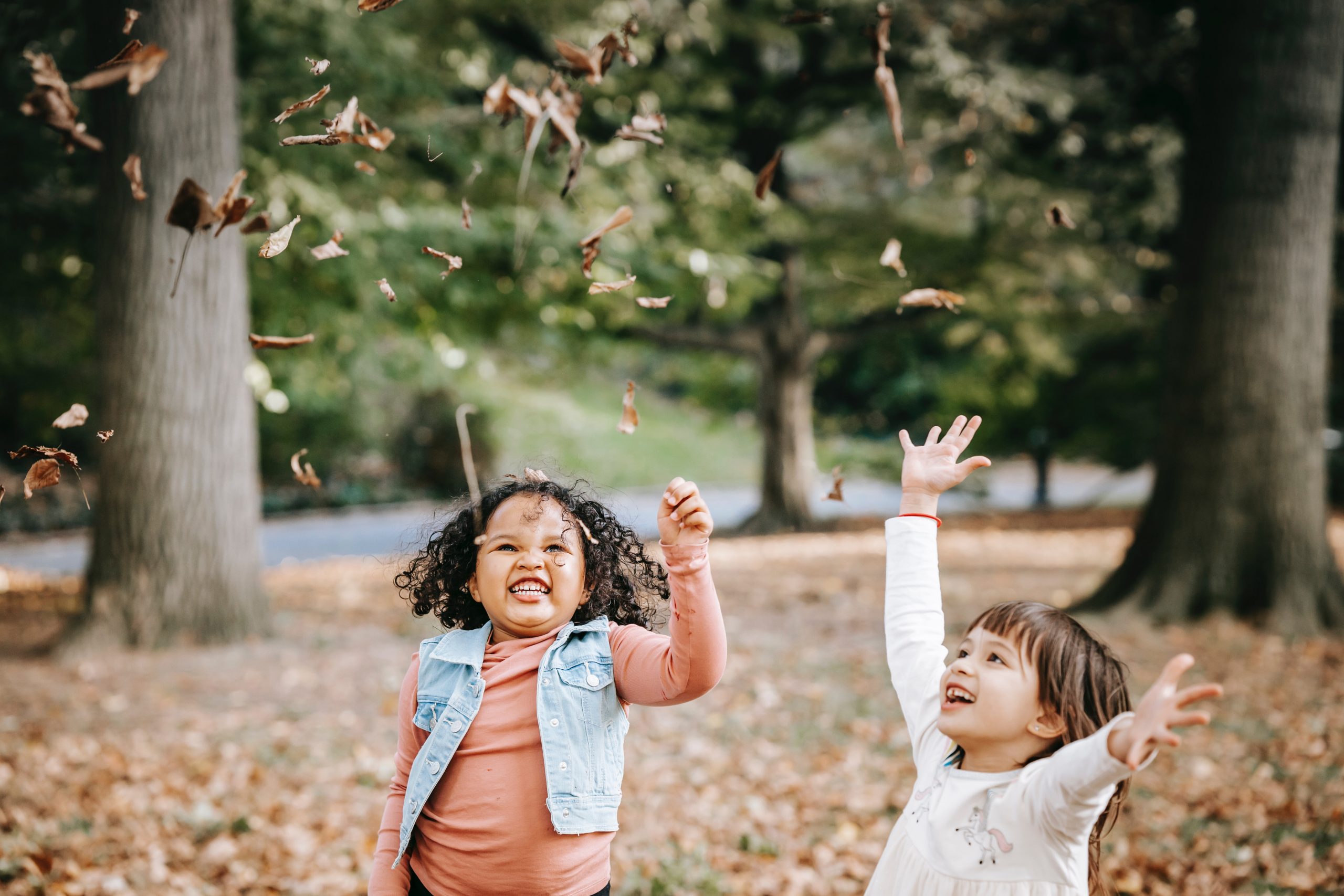 Kinderen spelen met de herfstbladeren